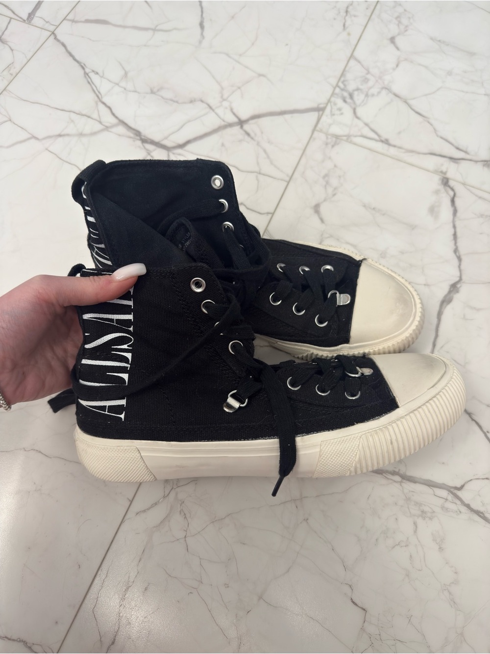All Saints Black and White High-Top Canvas Sneakers with Side Logo